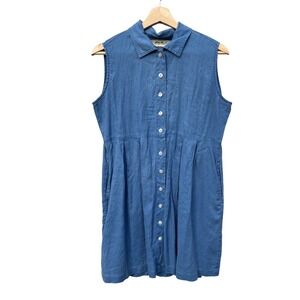Eddie‎ Bauer Sleeveless Blue Linen Shirt Dress Size S 90's Vintage Cottagecore